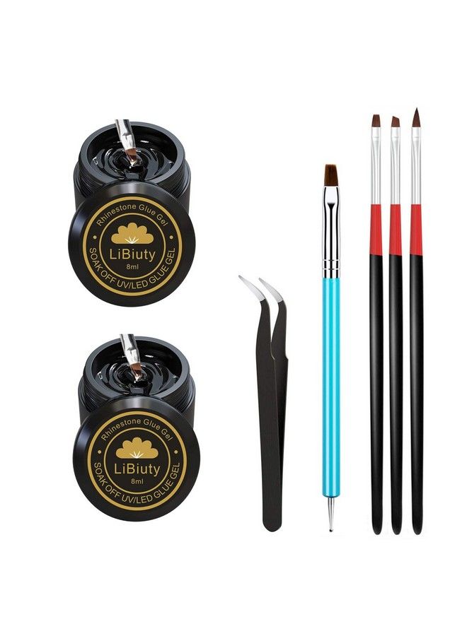 LiBiuty 2Pcs 8Ml Nail Art Rhinestone Glue Gel Rhinestone Adhesive With Tweezer For Gem Stones + Dualended Dotting Brush Pen +3Pcs Nail Art Brush Set - Image 2