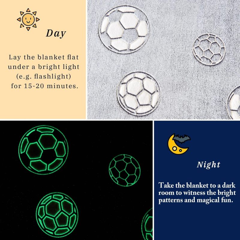 Glow Dark Soccer Throw 50 x 60 Grey Ultra-Micro Flannel - Soft Cozy Fleece Blanket for Kids Room Car Travel Camping - Image 3