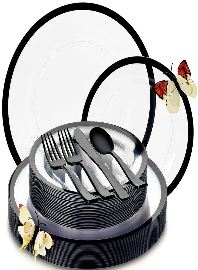 By Madee HEAVYWERIGHT 150 Pc Clear and Black Plates Disposable for Party | Nice Disposable Plates and Cutlery Set | Perfect for Wedding, Birthday | Extra Sturdy (25 Guests) - Image 1