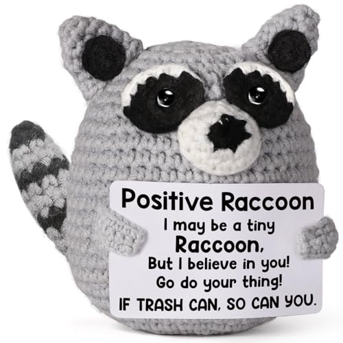 Weming Positive Crochet Animal Raccoon Handmade Emotional Support Plush Back to School Gift College Care Package for Teen Trendy Stuff Trash Panda for Women Birthday Christmas - Image 1