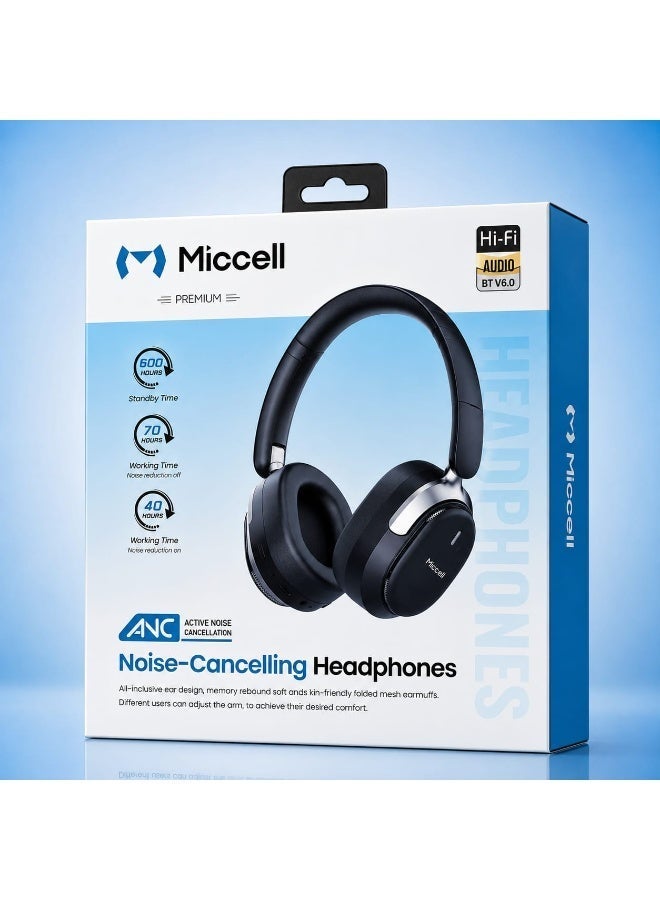 ميكسل سماعات رأس MICCELL VQ-B19 الهجينة بتقنية إلغاء الضوضاء النشطة، لاسلكية، تغطي الأذن، بلوتوث، وقت تشغيل طويل يصل إلى 70 ساعة مع خاصية إلغاء الضوضاء النشطة، لون أسود - Image 5