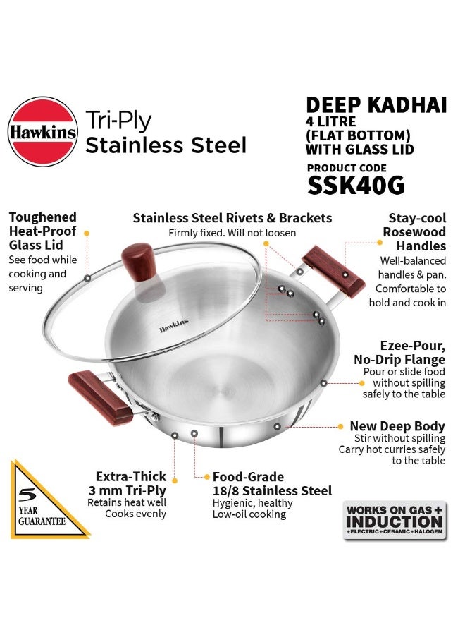 Hawkins Tri-Ply Stainless Steel 4 Liter Deep Kadhai / Deep Fry Pan wit Glass Lid, Flat bottom, wooden Handles, 3mm extra Thick Body, Induction compatible (SSK40G), Silver - Image 3