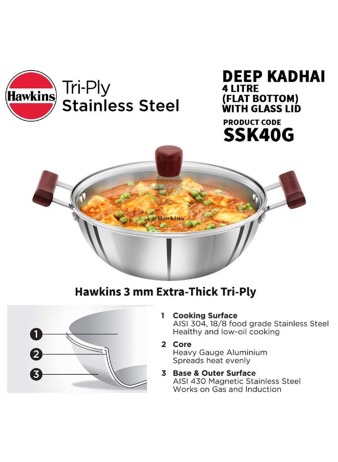 Hawkins Tri-Ply Stainless Steel 4 Liter Deep Kadhai / Deep Fry Pan wit Glass Lid, Flat bottom, wooden Handles, 3mm extra Thick Body, Induction compatible (SSK40G), Silver - Image 2
