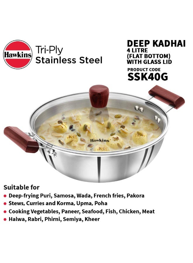 Hawkins Tri-Ply Stainless Steel 4 Liter Deep Kadhai / Deep Fry Pan wit Glass Lid, Flat bottom, wooden Handles, 3mm extra Thick Body, Induction compatible (SSK40G), Silver - Image 5