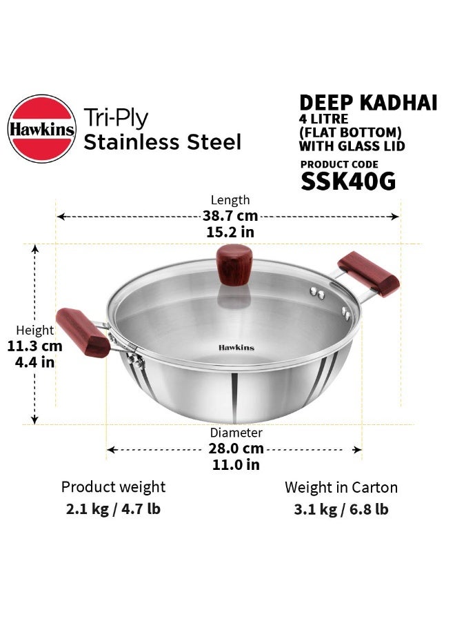 Hawkins Tri-Ply Stainless Steel 4 Liter Deep Kadhai / Deep Fry Pan wit Glass Lid, Flat bottom, wooden Handles, 3mm extra Thick Body, Induction compatible (SSK40G), Silver - Image 4