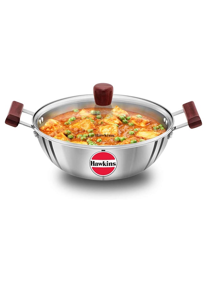 Hawkins Tri-Ply Stainless Steel 4 Liter Deep Kadhai / Deep Fry Pan wit Glass Lid, Flat bottom, wooden Handles, 3mm extra Thick Body, Induction compatible (SSK40G), Silver - Image 1