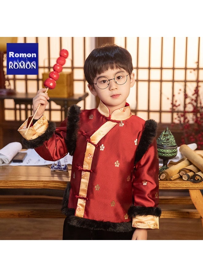 ROMON Romon Boys' Tang Suit Winter New Year's Costume Thickened Hanfu Chinese Style Performance Costume Red【top Only】140  - Image 2