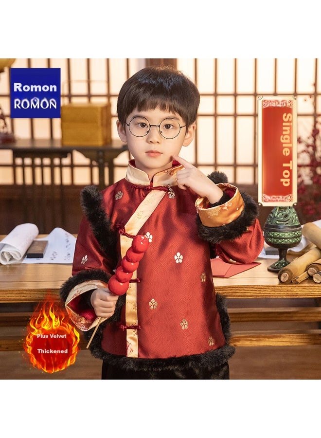ROMON Romon Boys' Tang Suit Winter New Year's Costume Thickened Hanfu Chinese Style Performance Costume Red【top Only】140  - Image 1