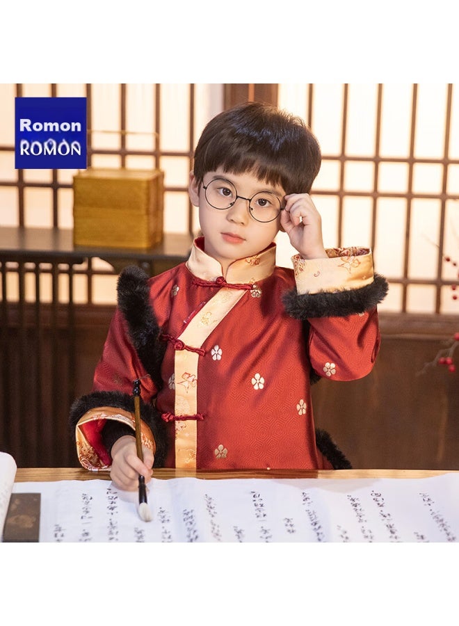 ROMON Romon Boys' Tang Suit Winter New Year's Costume Thickened Hanfu Chinese Style Performance Costume Red【top Only】140  - Image 4