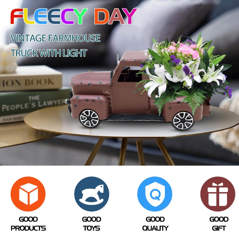 Fleecy day Metal Truck Decor with Handcrafted Flowers Tree, Vintage Farm Pickup Farmhouse Tabletop Tiered Tray Decor, Rustic Farmhouse Decor for Table Top Decor Home Kitchen(Wine Red) - Image 5