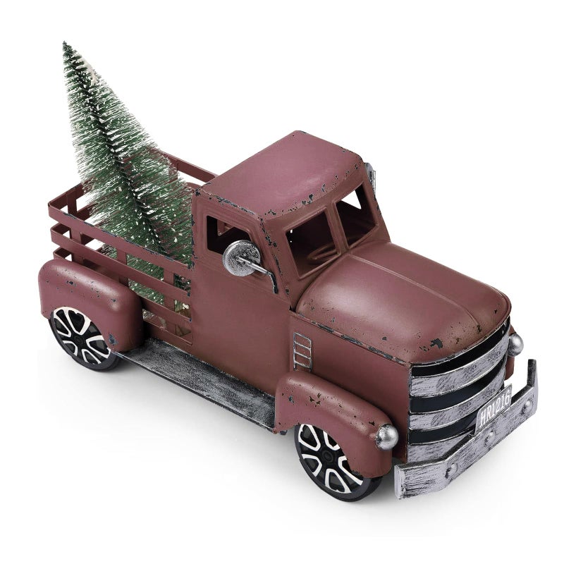 Fleecy day Metal Truck Decor with Handcrafted Flowers Tree, Vintage Farm Pickup Farmhouse Tabletop Tiered Tray Decor, Rustic Farmhouse Decor for Table Top Decor Home Kitchen(Wine Red) - Image 1