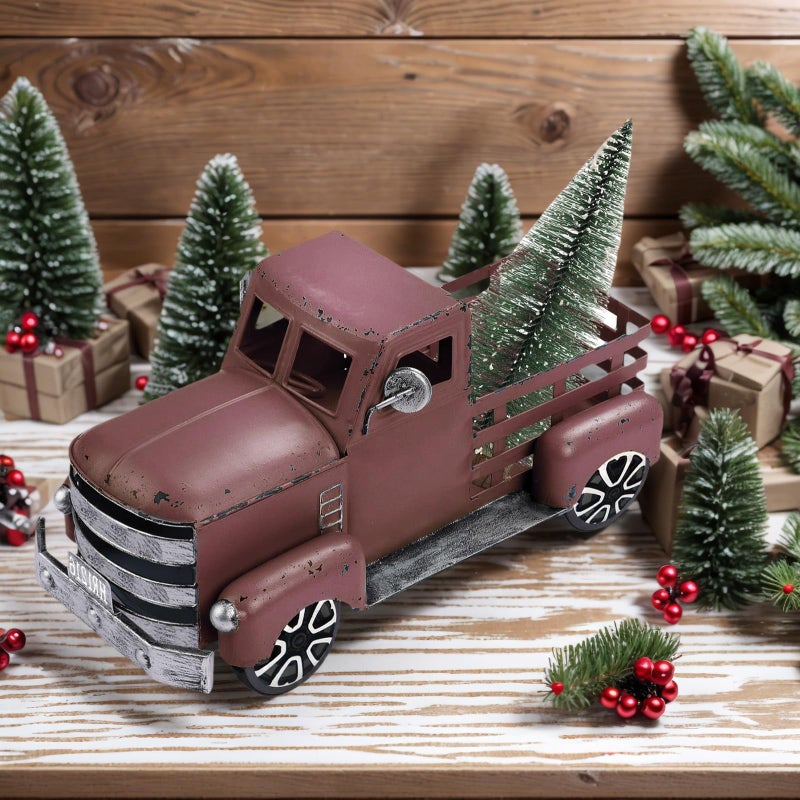Fleecy day Metal Truck Decor with Handcrafted Flowers Tree, Vintage Farm Pickup Farmhouse Tabletop Tiered Tray Decor, Rustic Farmhouse Decor for Table Top Decor Home Kitchen(Wine Red) - Image 4