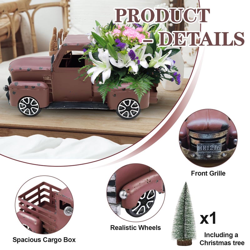 Fleecy day Metal Truck Decor with Handcrafted Flowers Tree, Vintage Farm Pickup Farmhouse Tabletop Tiered Tray Decor, Rustic Farmhouse Decor for Table Top Decor Home Kitchen(Wine Red) - Image 3
