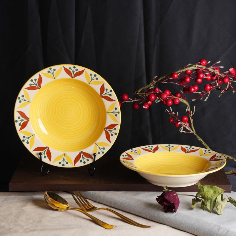 Caffeine Ceramic Handmade Stoneware Yellow Lily 9 Inch Soup Plate/Pasta Plate/Maggie Plate/Macaroni Plate(Set of 2 Dishwasher & Microwave Safe) - Image 1