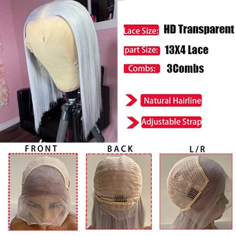 Smavida Pre Plucked HD Transparent 13X4 Straight Grey Blunt Cut Bob Human Hair Lace Frontal Wigs with Baby Hair Natural Hairline 100% Unprocessed Human Hair Grey Short Bob Wigs for Black Women Bleach Knots - Image 3