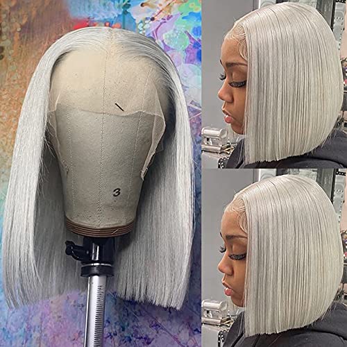 Smavida Pre Plucked HD Transparent 13X4 Straight Grey Blunt Cut Bob Human Hair Lace Frontal Wigs with Baby Hair Natural Hairline 100% Unprocessed Human Hair Grey Short Bob Wigs for Black Women Bleach Knots - Image 1