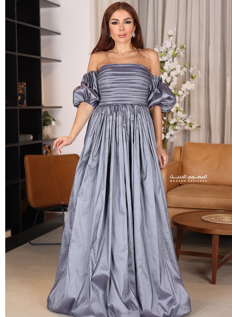 مودرن ديزاين فستان ناعم راقي بأكمام بوف يتميز الفستان بكسرات فخمه في الأسفل لتعطيه أناقة وفخامة ليكون من أجمل الفساتين النعامة في براند المصمم الحديث حيث ان الفستان صمم على افضل الصممين العالمين ليكون مناسب لكي في جميع المناسبات ويضفي لمسة من الأناقة والفخامة - Image 1