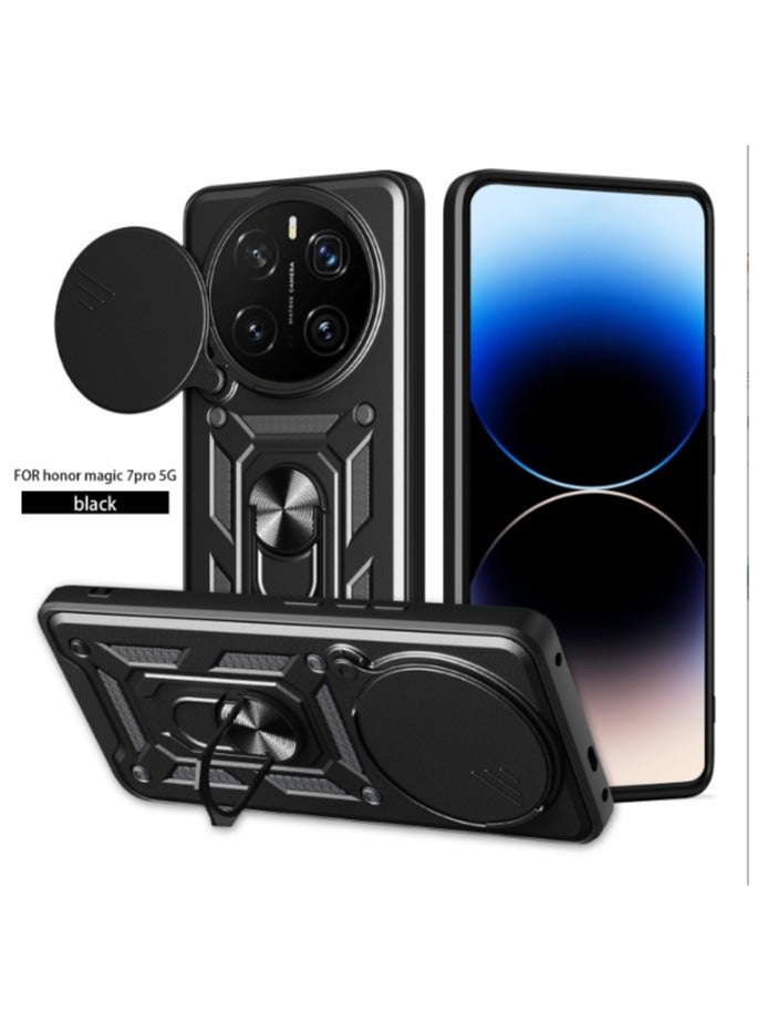 for Honor Magic 7 Pro Case, Slide Camera Lens Cover, Magnetic Ring Holder Kickstand Protective Phone Case for Honor Magic 7 Pro 5G, Black - Image 1