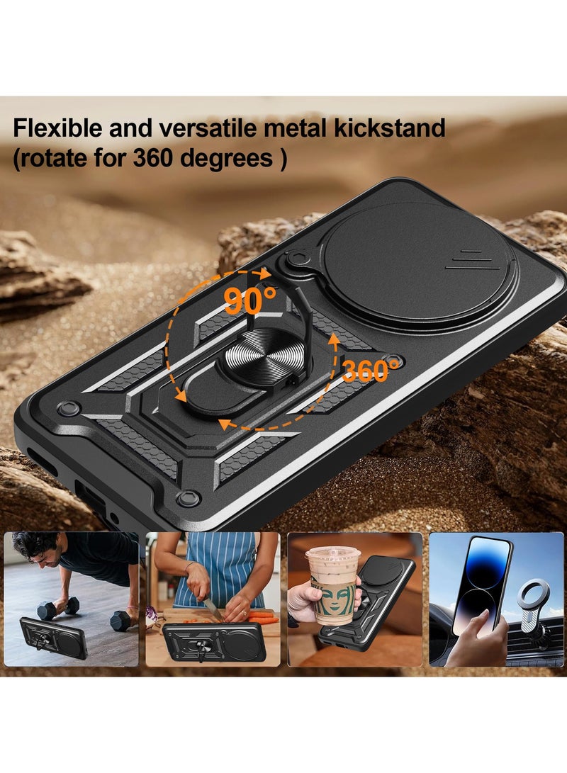 for Honor Magic 7 Pro Case, Slide Camera Lens Cover, Magnetic Ring Holder Kickstand Protective Phone Case for Honor Magic 7 Pro 5G, Black - Image 2