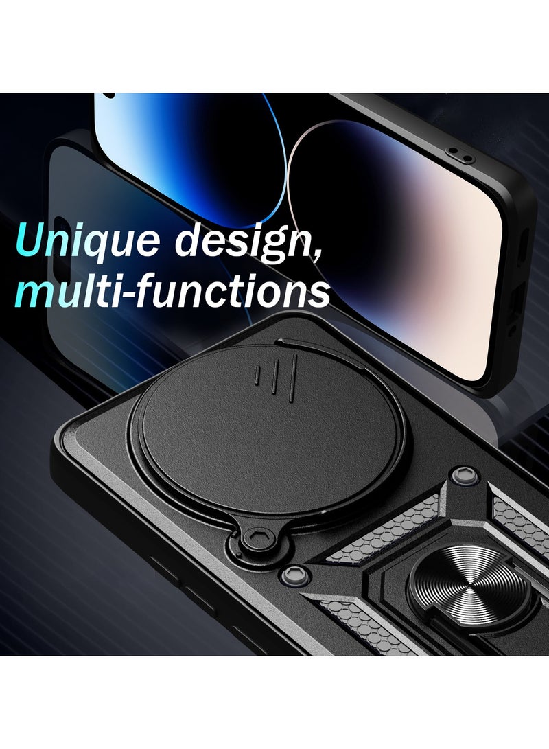 for Honor Magic 7 Pro Case, Slide Camera Lens Cover, Magnetic Ring Holder Kickstand Protective Phone Case for Honor Magic 7 Pro 5G, Black - Image 3