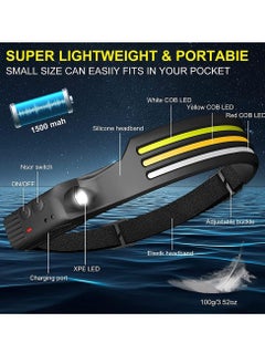0TO1 TECH Rechargeable LED Headlamp, 3 LED 1200 Lumens COB 230°Wide Beam Headlight with Motion Sensor Bright 10 Modes Lightweight Waterproof Head Lamp for Camping, Running, Hiking, Fishing  - Image 2