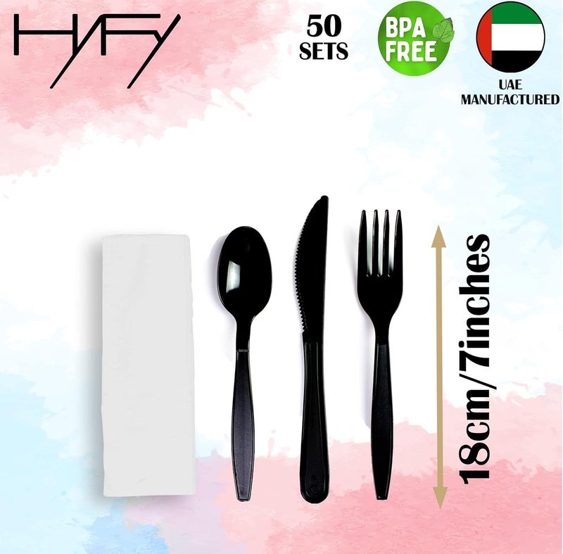 هاي فاي HYFY 50 قطعة مجموعة أدوات المائدة البلاستيكية السوداء ملاعق سكاكين شوك مناديل مجموعة أدوات مائدة قابلة للاستخدام مرة واحدة أدوات مائدة بلاستيكية مغلفة بشكل فردي ملاعق قابلة للاستخدام مرة واحدة شوك قابلة للاستخدام مرة واحدة ملعقة بلاستيكية أدوات متينة - Image 4