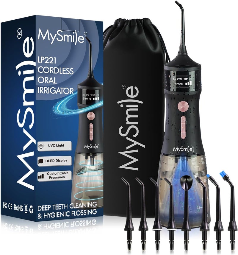 ماي سمايل MySmile LP221 جهاز تنظيف الأسنان بالماء اللاسلكي القابل للتعقيم بالأشعة فوق البنفسجية سعة 335 مل مع شاشة OLED محمولة، 4 أوضاع، 8 رؤوس نفث، وحقيبة تخزين للاستخدام المنزلي والسفر (أسود منتصف الليل) - Image 1