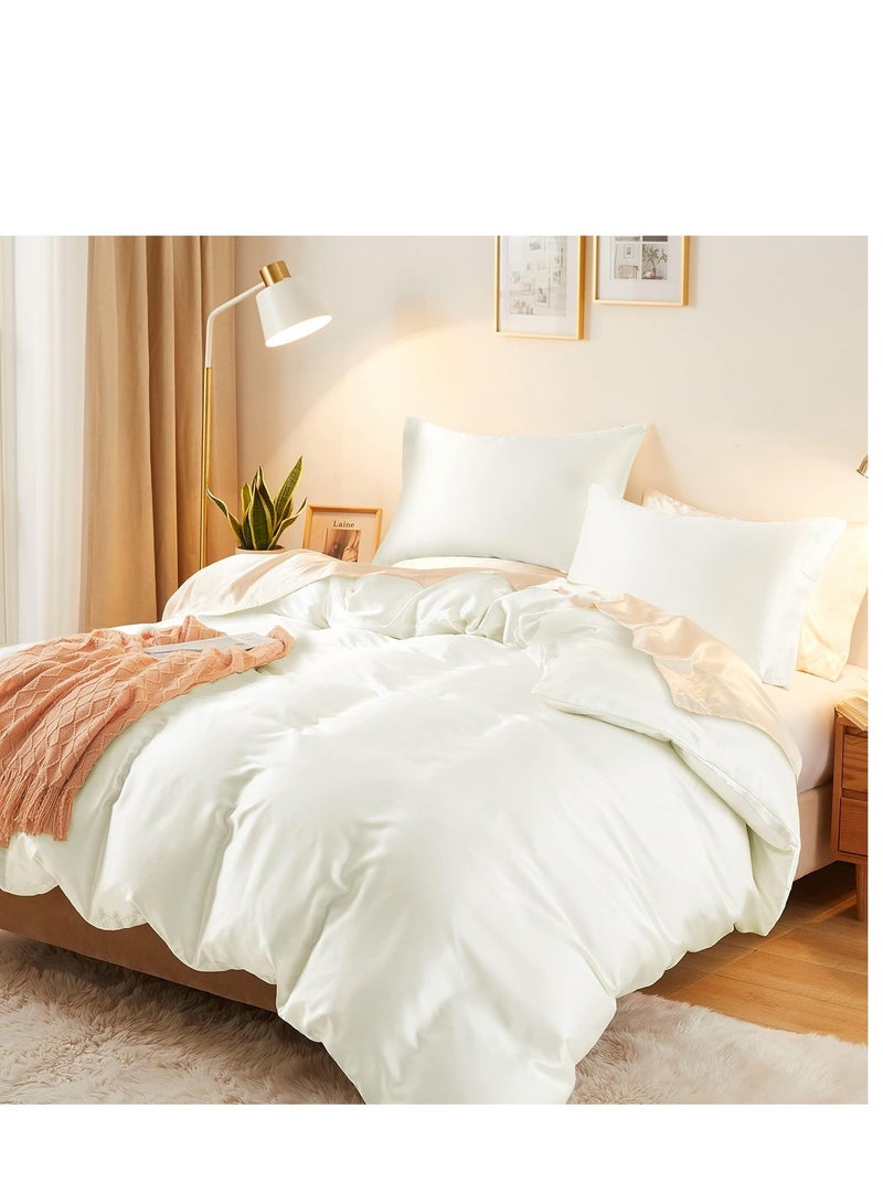 Bedding Duvet Cover Sets, 3 Pieces Satin Bedding Set, King Size Silky Duvet Covers Collection, 1x Cooling Duvet Cover 104x90 Inches and 2 Pillowcases, Comforter Not Included (Ivory)  - Image 1