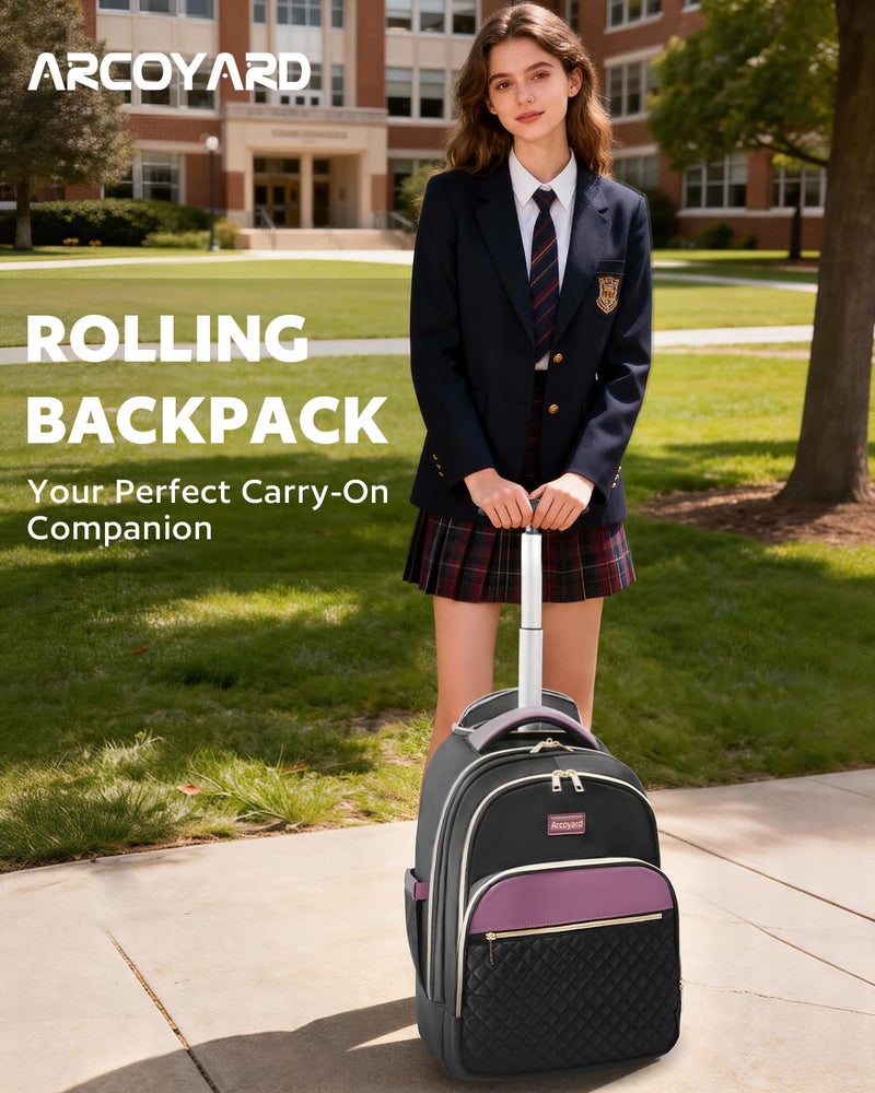 Arcoyard Rolling Backpack for Women, 17 Inch Laptop Backpack With Wheels for Adults, Large Water Resistant Wheeled Carry On Luggage Roller Bag, Flight Approved for Work, Travel, College, Black Purple - Image 2