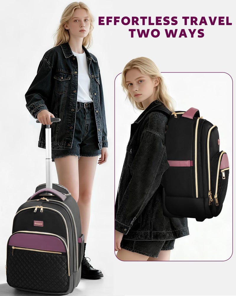 Arcoyard Rolling Backpack for Women, 17 Inch Laptop Backpack With Wheels for Adults, Large Water Resistant Wheeled Carry On Luggage Roller Bag, Flight Approved for Work, Travel, College, Black Purple - Image 3