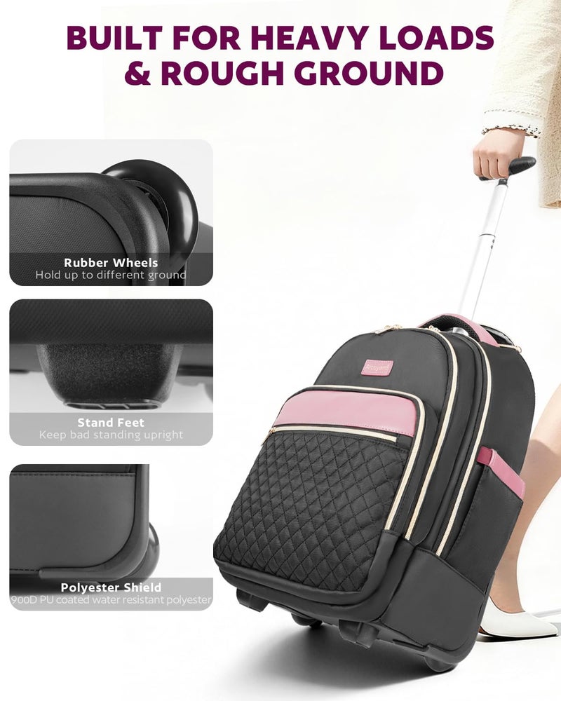 Arcoyard Rolling Backpack for Women, 17 Inch Laptop Backpack With Wheels for Adults, Large Water Resistant Wheeled Carry On Luggage Roller Bag, Flight Approved for Work, Travel, College, Black Purple - Image 5