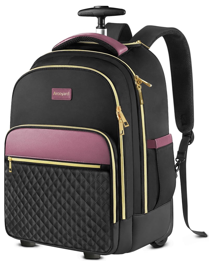 Arcoyard Rolling Backpack for Women, 17 Inch Laptop Backpack With Wheels for Adults, Large Water Resistant Wheeled Carry On Luggage Roller Bag, Flight Approved for Work, Travel, College, Black Purple - Image 1