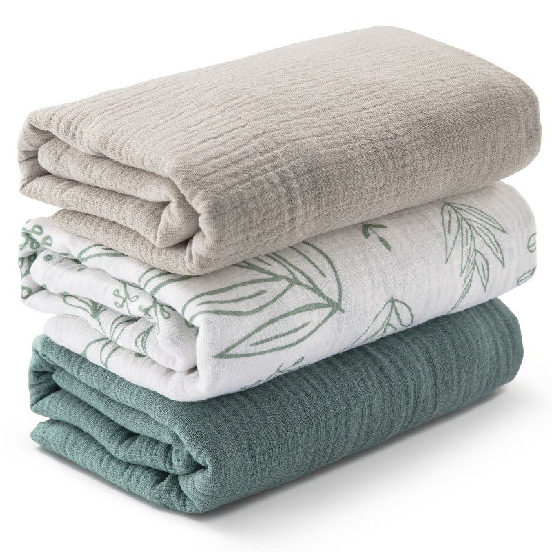 3pcs Muslin Swaddle Blankets 38x40in Ultra Soft Breathable Wraps Green Hooded Nursing Playtime Unisex Geometric Pattern Cozy Gentle Fabric Machine Washable - Image 1