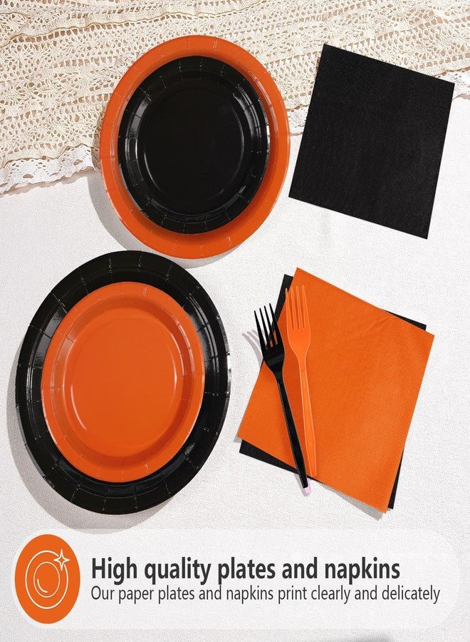 Grencian 200Pcs Orange and Black Party Decorations Orange and Black Plates and Napkins Disposable Paper Tableware for Birthday Wedding Baby Shower Halloween Fall Harvest Party Supplies, Serves 50 - Image 2