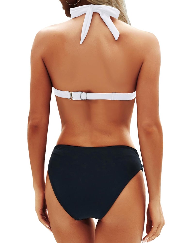 Yonique Women Two Piece Bathing Suits Push Up Bikini Set Halter Swimsuit Vintage Swimwear Black and White L - Image 2