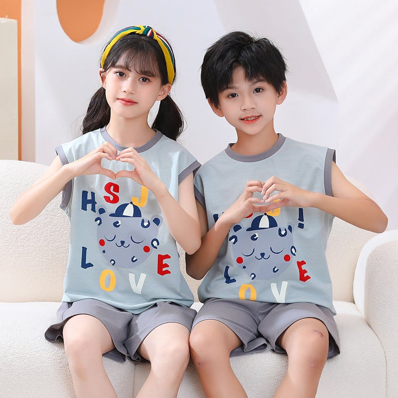 Children'S Vest Suit Boys' Middle And Large Children'S Sleeveless Shorts Sports Leisure Girls' Waistcoat Home Wear Summer Thin - Image 3