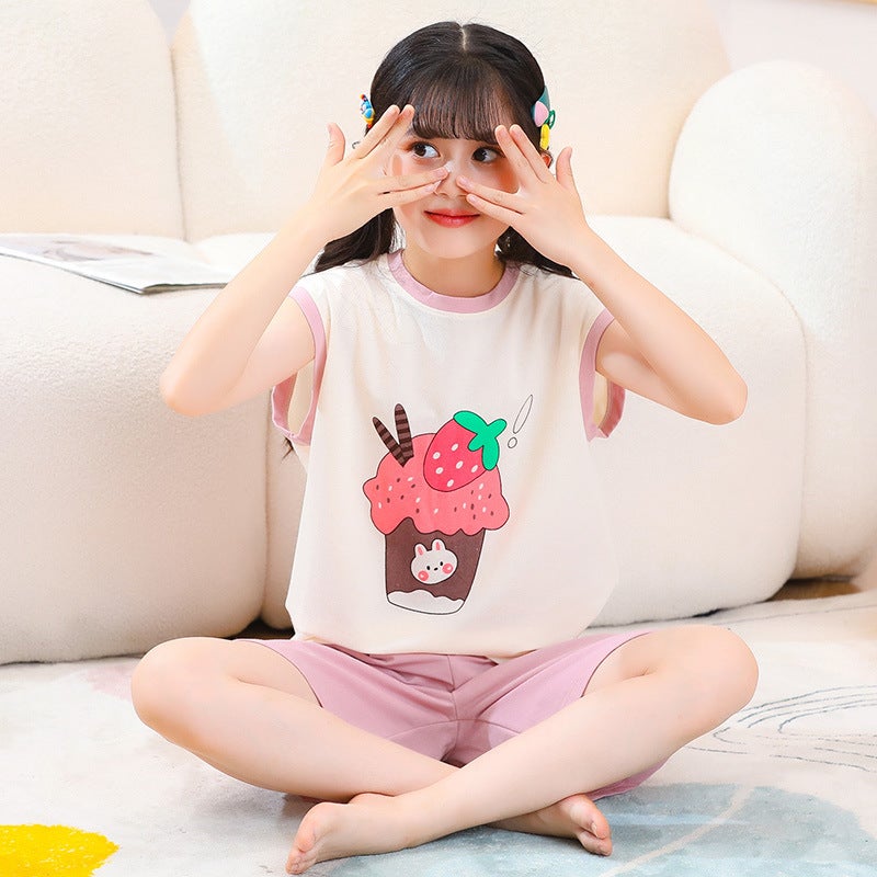 Children'S Vest Suit Boys' Middle And Large Children'S Sleeveless Shorts Sports Leisure Girls' Waistcoat Home Wear Summer Thin - Image 2