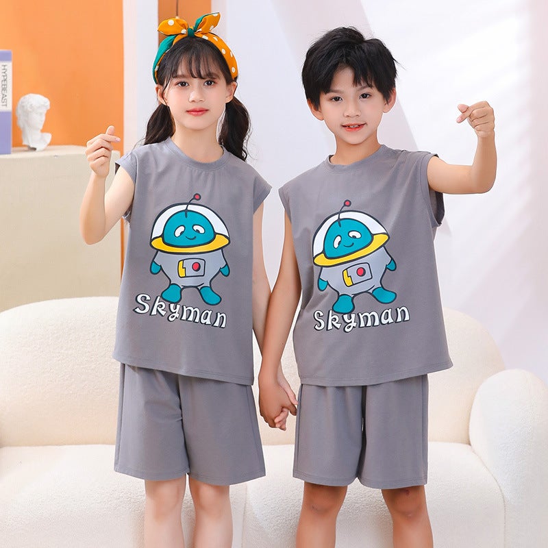 Children'S Vest Suit Boys' Middle And Large Children'S Sleeveless Shorts Sports Leisure Girls' Waistcoat Home Wear Summer Thin - Image 4