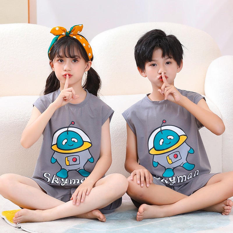 Children'S Vest Suit Boys' Middle And Large Children'S Sleeveless Shorts Sports Leisure Girls' Waistcoat Home Wear Summer Thin - Image 1