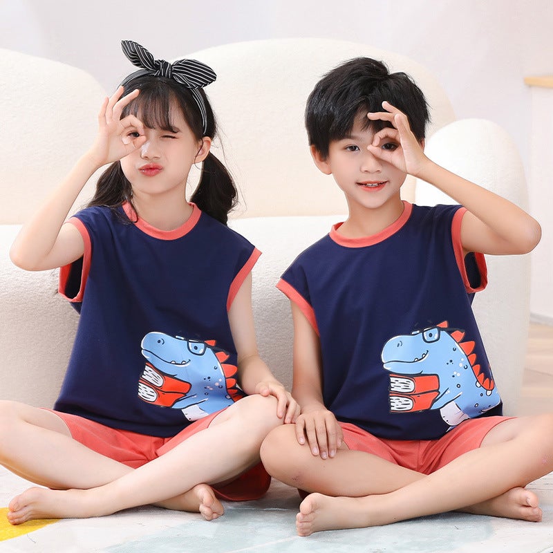 Children'S Vest Suit Boys' Middle And Large Children'S Sleeveless Shorts Sports Leisure Girls' Waistcoat Home Wear Summer Thin - Image 5