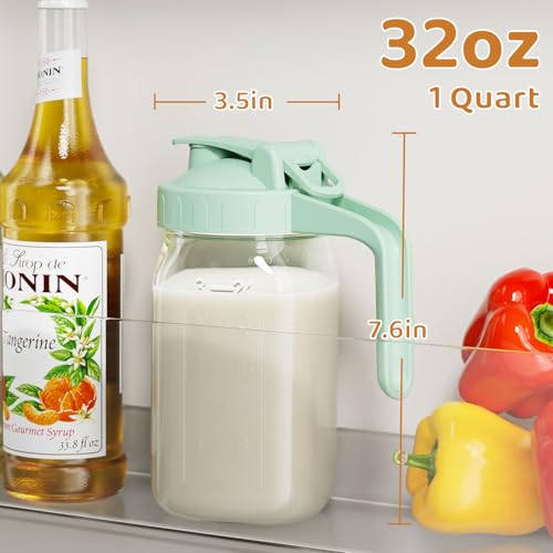 OneDream Breast Milk Pitcher, Mason Jar 32 oz, Heavy Duty Wide Mouth Jar with Green Flip Cap Lid and Pour Spout, Airtight Seal for Freshness and Convenience, Great for Cold Beverages and Home Entertaining - Image 2