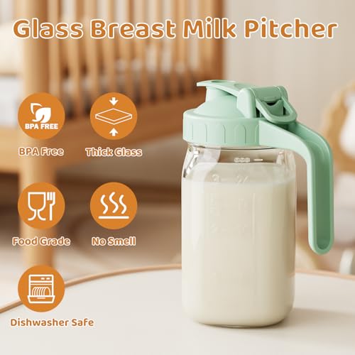OneDream Breast Milk Pitcher, Mason Jar 32 oz, Heavy Duty Wide Mouth Jar with Green Flip Cap Lid and Pour Spout, Airtight Seal for Freshness and Convenience, Great for Cold Beverages and Home Entertaining - Image 5