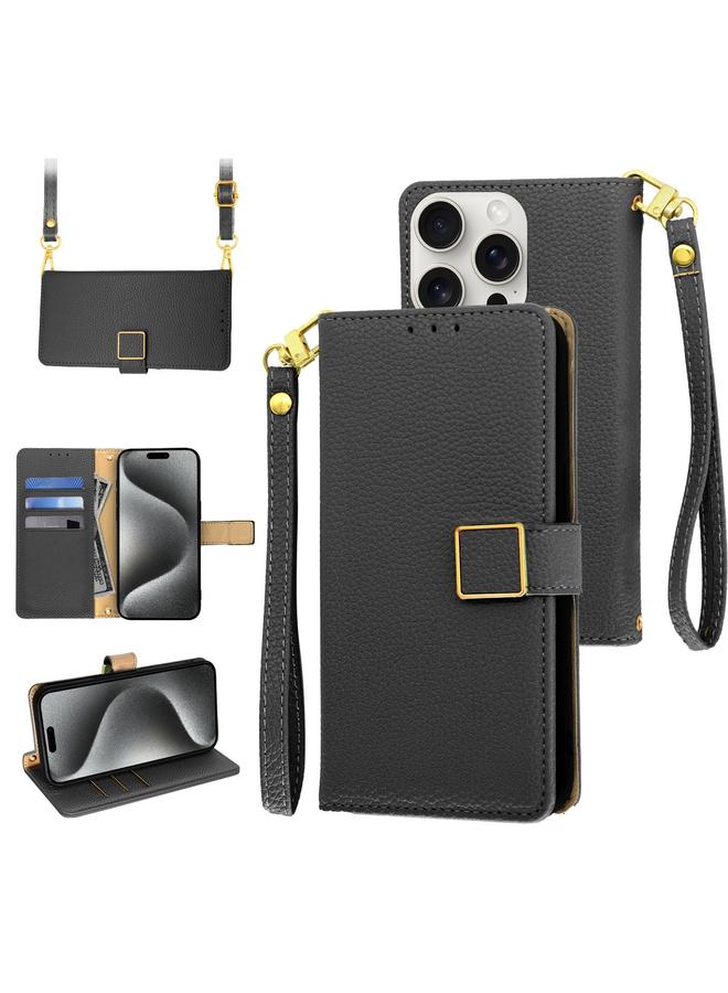 اس-توب جراب هاتف iPhone 15 Pro Crossbody من الجلد بمشبك مربع من نسيج الليتشي - Image 1