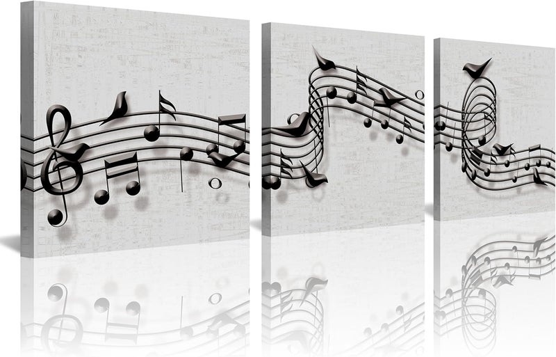 NAN Wind 3PCS Musical Notes Wall Art Black and White Music Score Framed Canvas Print Melody Modern Abstract Musical Notation Artwork Musicians Gift Living Room Bedroom Studio Decoration Treble Clef Symphony - Image 1