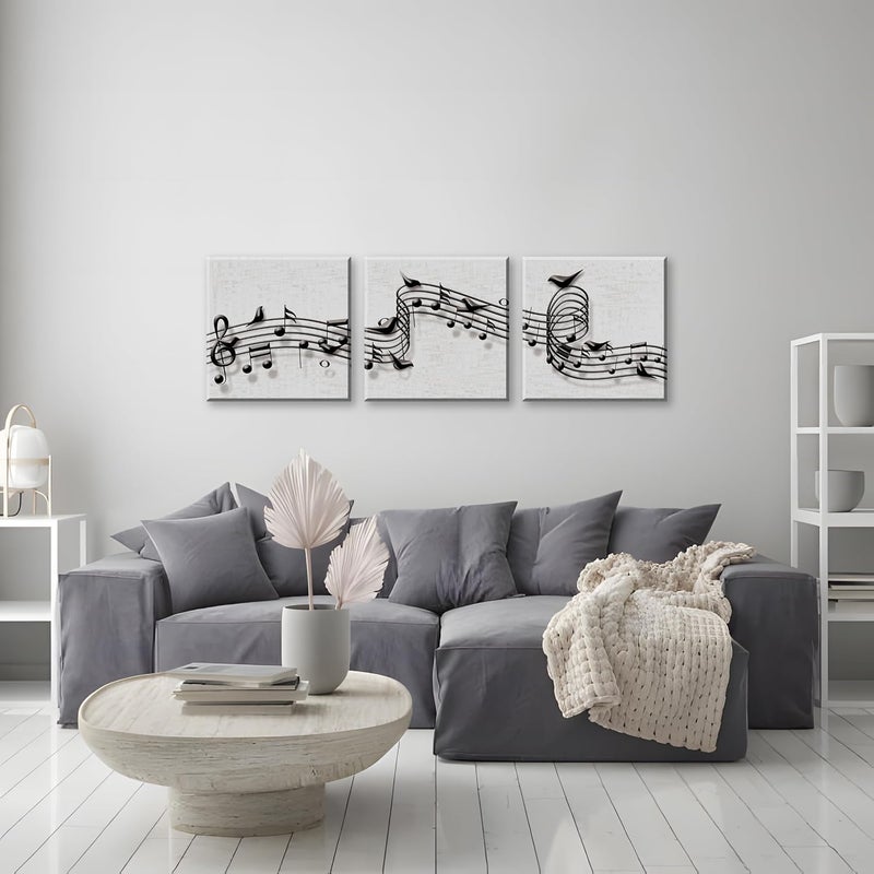 NAN Wind 3PCS Musical Notes Wall Art Black and White Music Score Framed Canvas Print Melody Modern Abstract Musical Notation Artwork Musicians Gift Living Room Bedroom Studio Decoration Treble Clef Symphony - Image 3