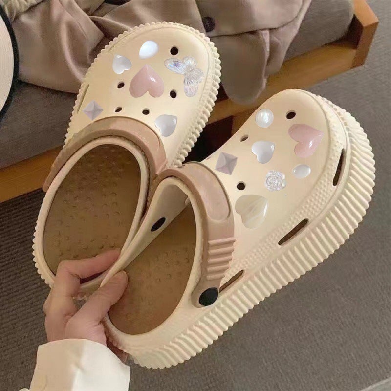 Chic XIXIT Summer DIY Rhinestone Heart Beach Slides with Thick Soft Sole 2913 hole hole-butterfly love-khaki 