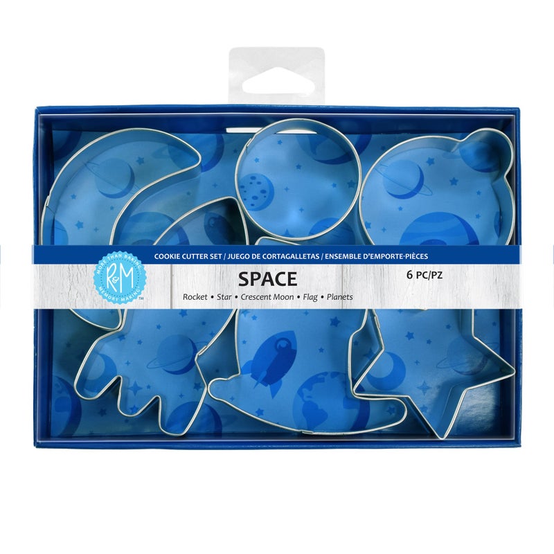 R&M RM International Space Cookie Cutters Rocket Star Crescent Moon Flag Planet Circle 6Piece Set Silver 