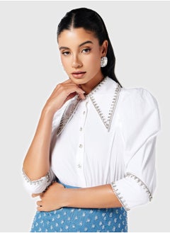 Threadz by Ajooni Embellished Collar Denim Skirt Dress  - Image 3