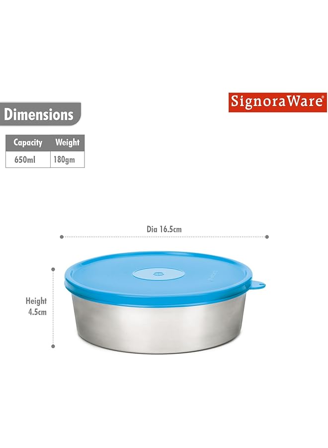 Signoraware Classic Stainless Steel Container, 650 Ml, Blue - Image 2