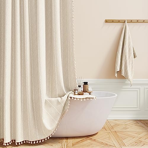 BTTN 78 Inch Long Shower Curtain - Boho Farmhouse Linen Thick Striped Fabric Shower Curtain Set with Plastic Hooks, Tall Rustic Country Luxury Cloth Shower Curtains for Bathroom - Cream/Beige - 72x78 - Image 1